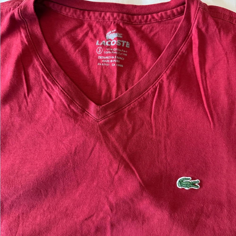 Lacoste V-Neck Tee in Berry Red with Green Croc